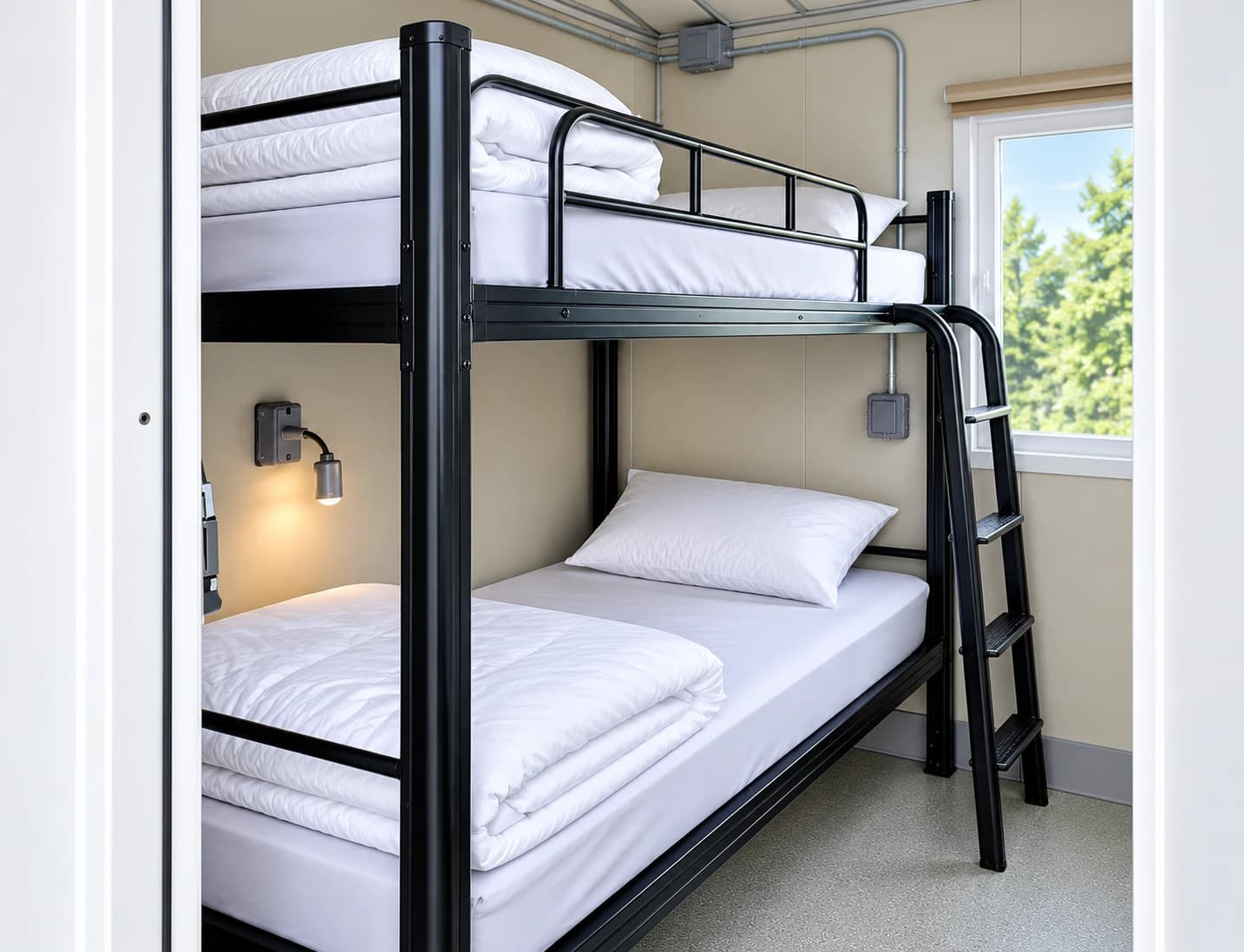 Bunk bed accommodation with a table and separate sleeping areas