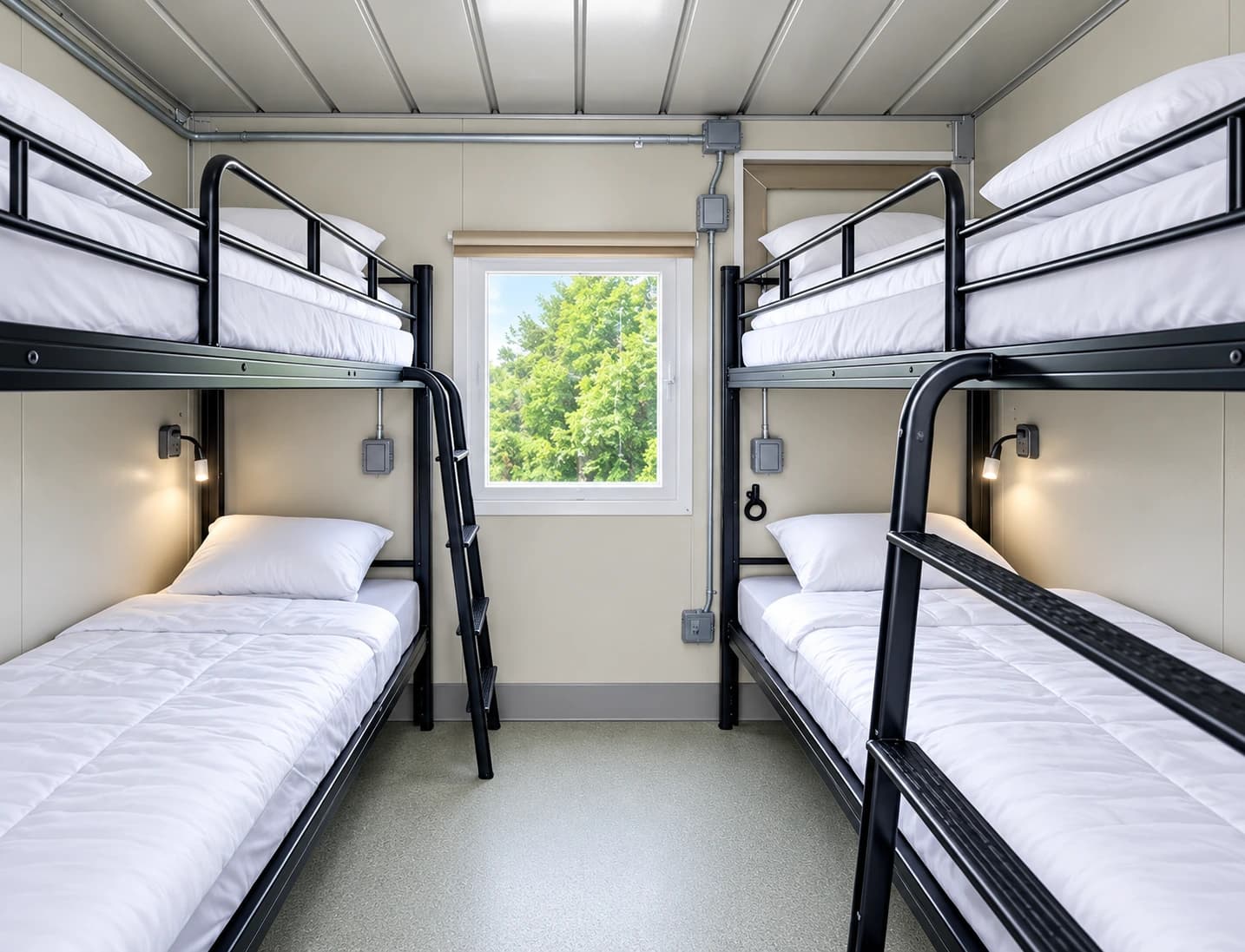 Shared workforce accommodation with bunk beds and a central aisle