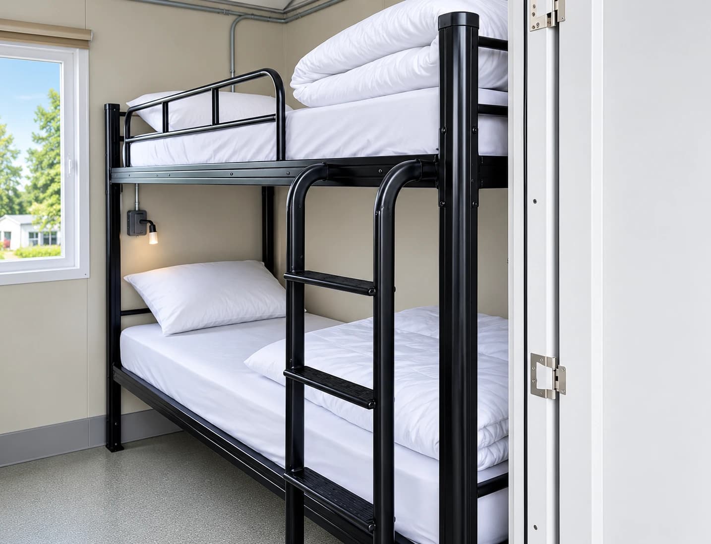 Workforce sleeping room with bunk beds and individual reading lights
