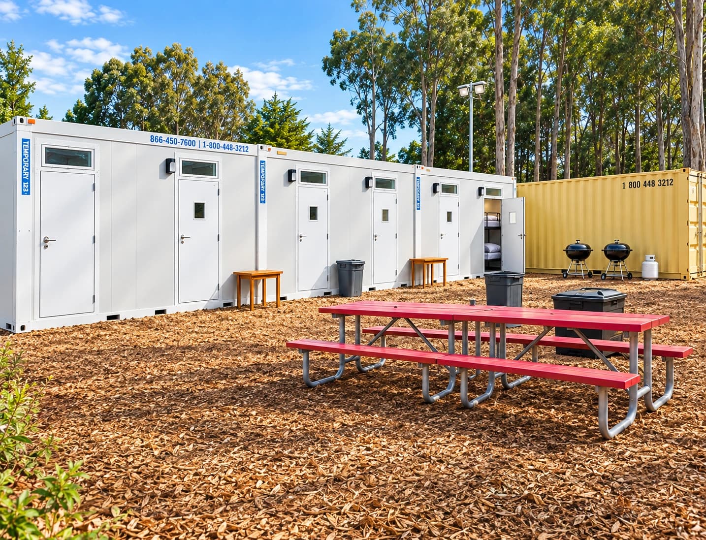 Portable workforce accommodation arranged around an outdoor common area