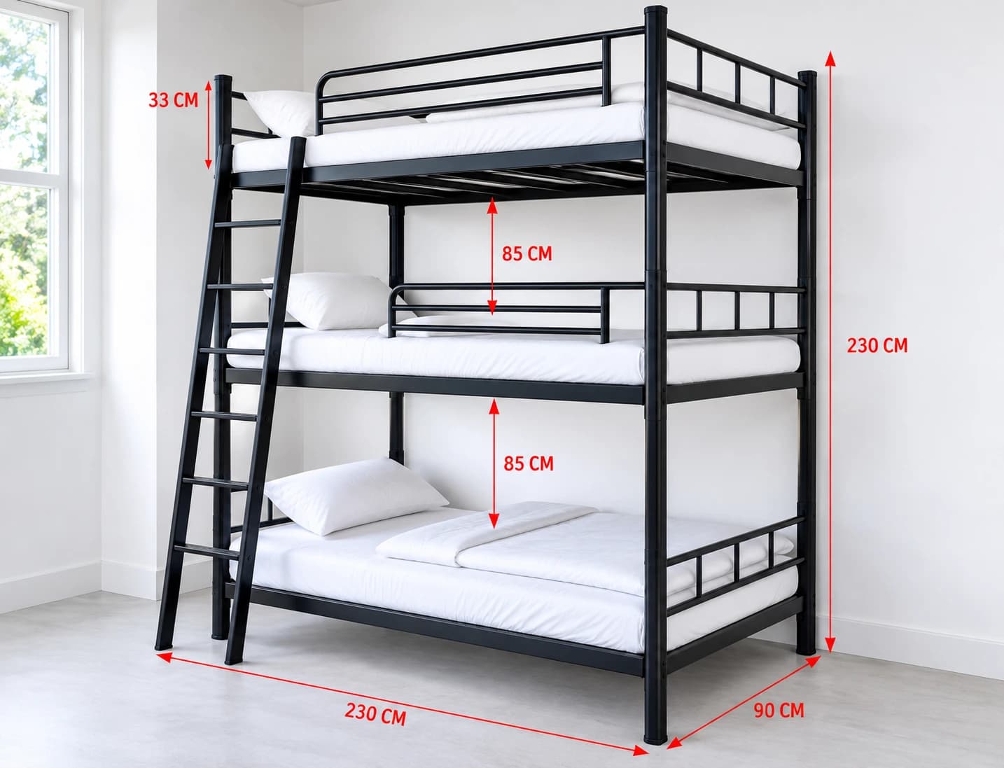 Bunk bed with ladder and guardrails in an accommodation layout