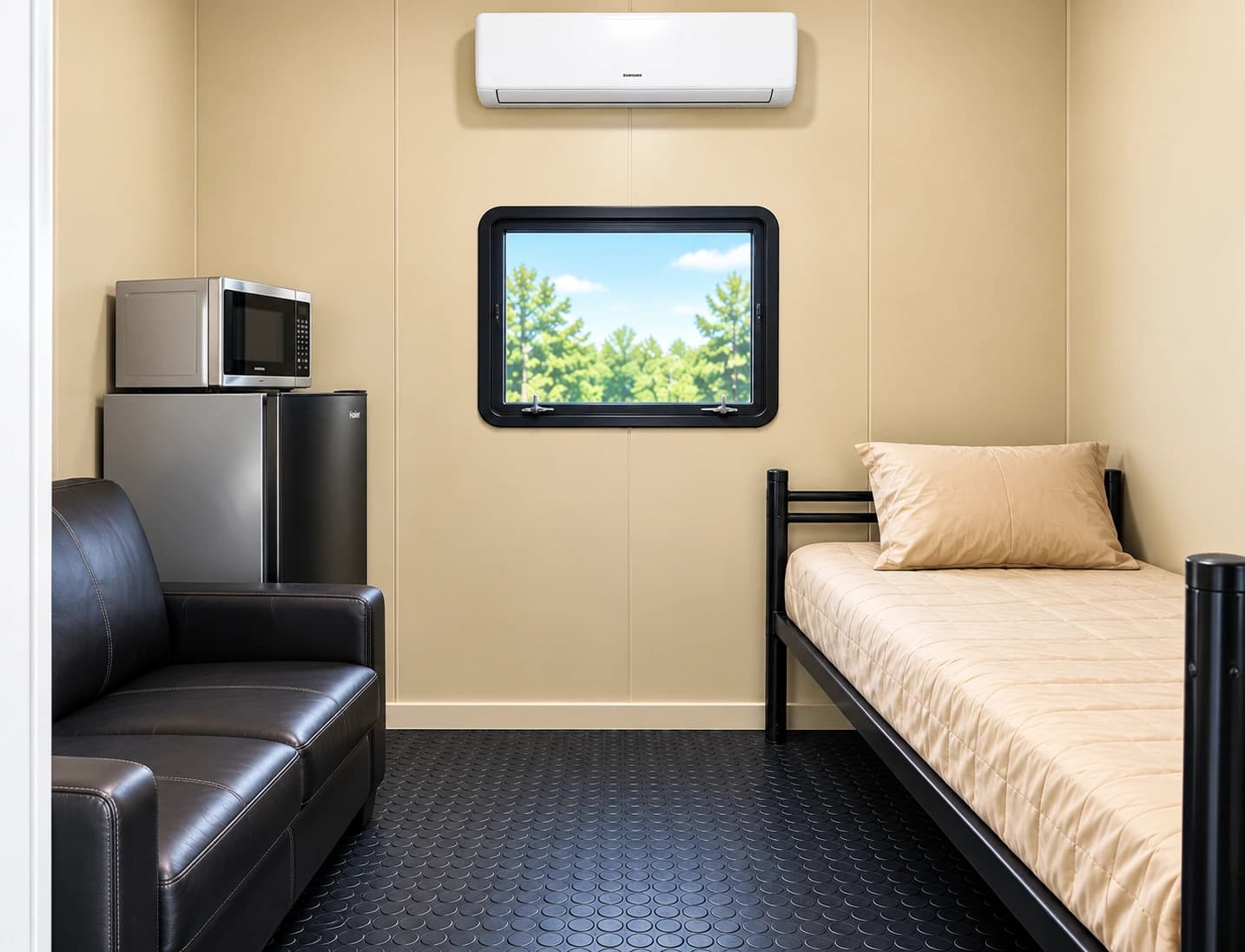 Accommodation room with a single bed and a desk