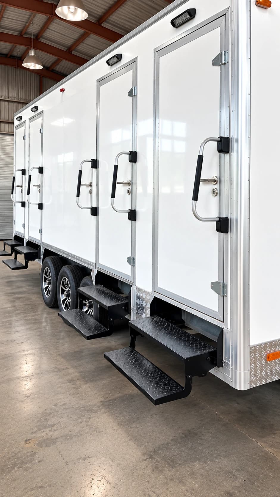 Shower and restroom combination trailer with individual entry doors