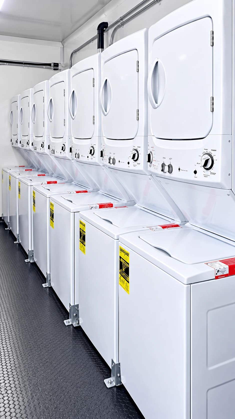 Laundry trailer interior with washer and dryer stations