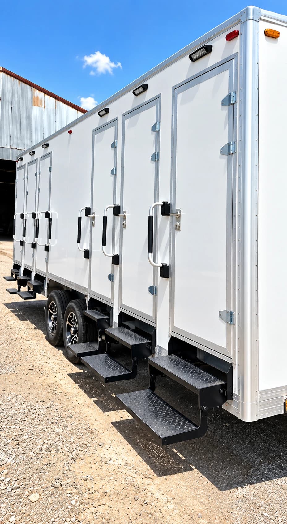 Combined restroom and shower trailer with separate exterior entrances