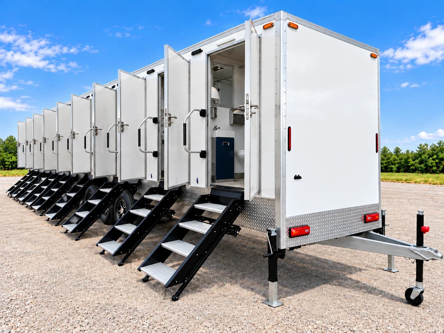 Accessible-layout restroom shower trailer entrance