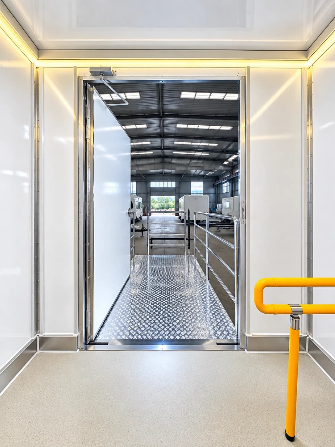 Accessible-layout shower restroom trailer interior