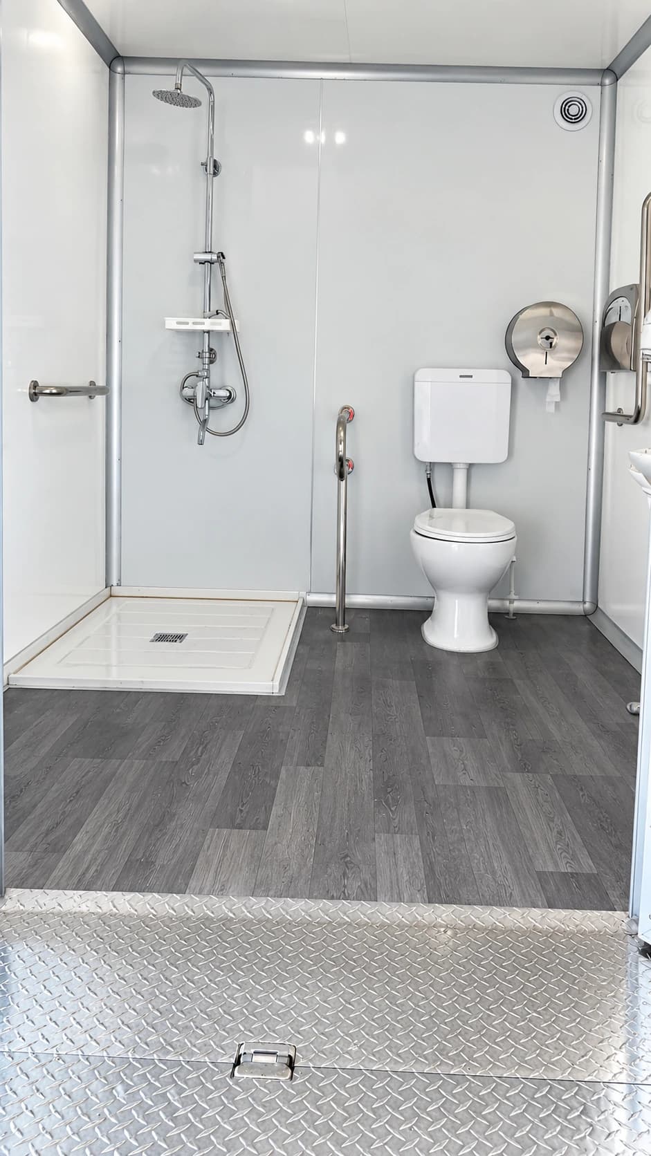 Accessible-layout shower restroom trailer interior
