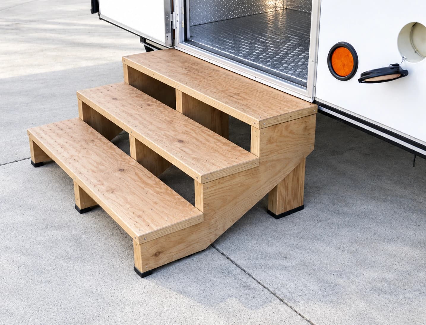 Wooden entry stairs beside a commercial trailer