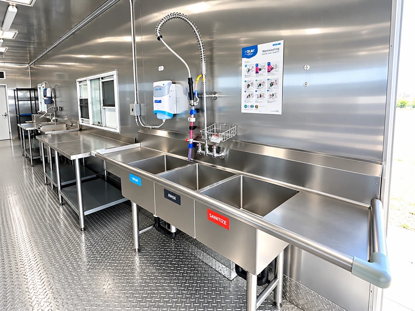 Dishwashing trailer with stainless steel washing and work areas