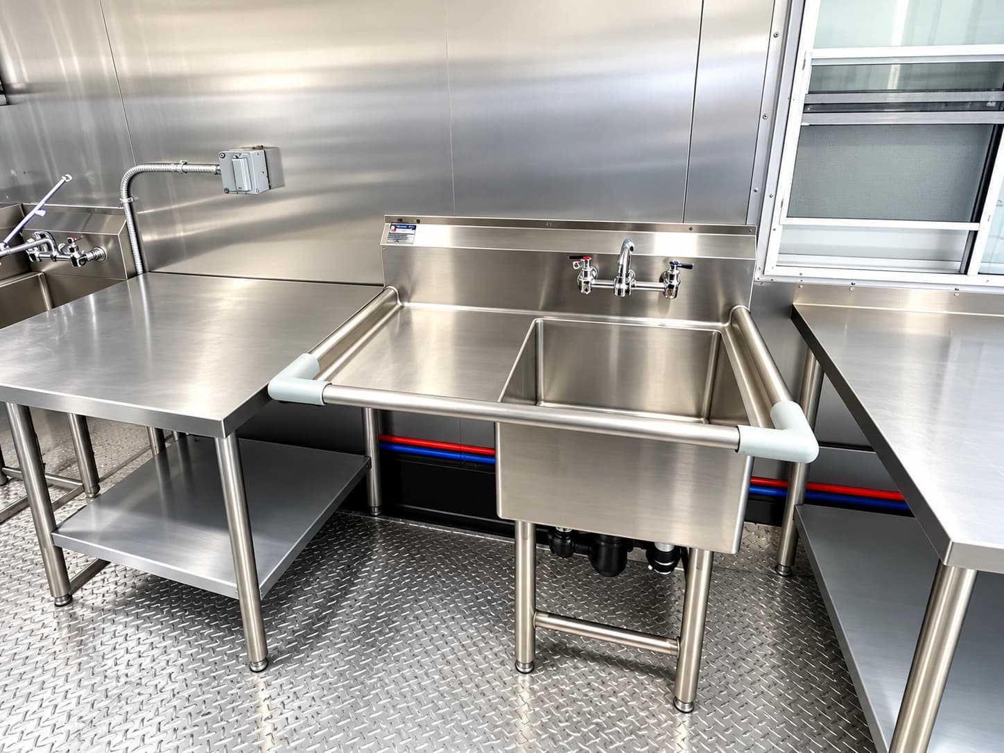 Dish trailer sink and stainless work tables