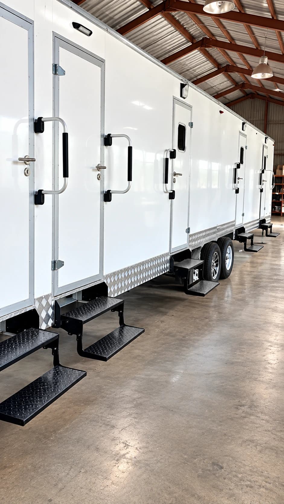 Private shower stall in a shower and restroom combination trailer