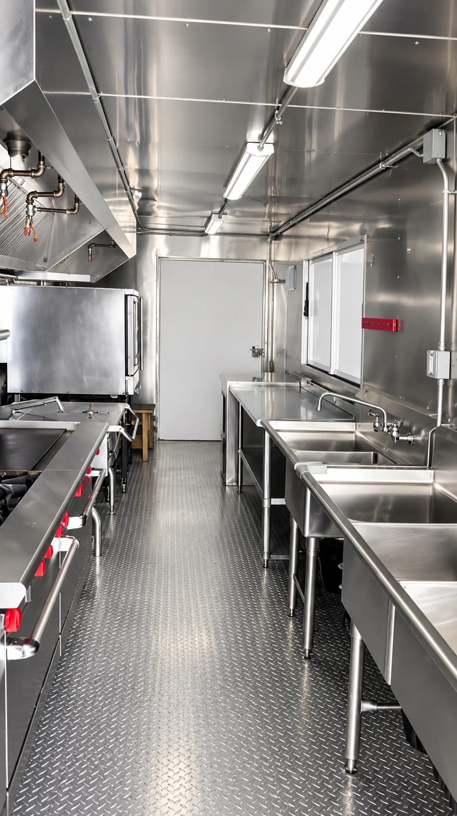 Mobile commercial kitchen trailer cooking wash area