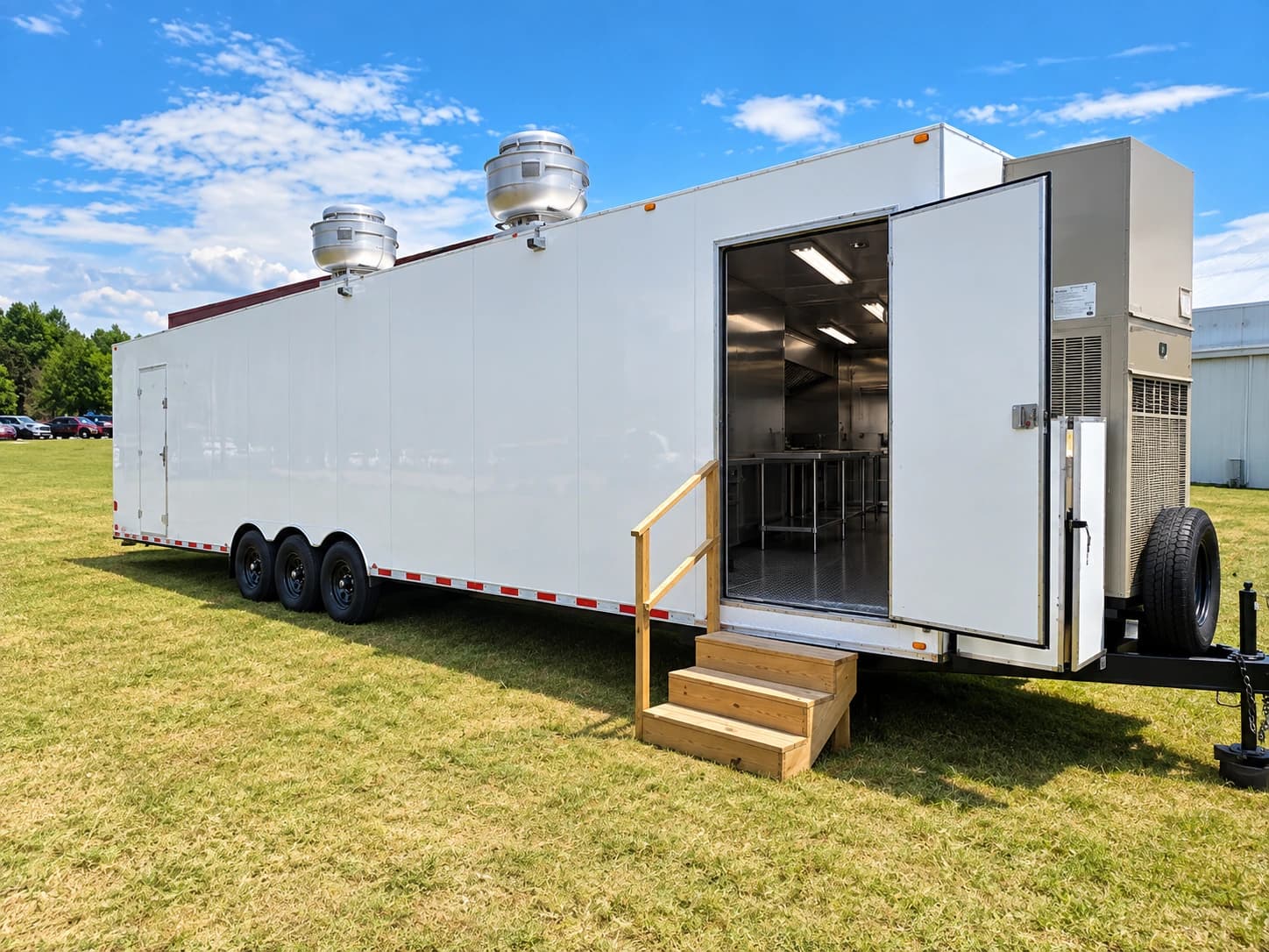 Mobile commercial kitchen trailer with an open entrance