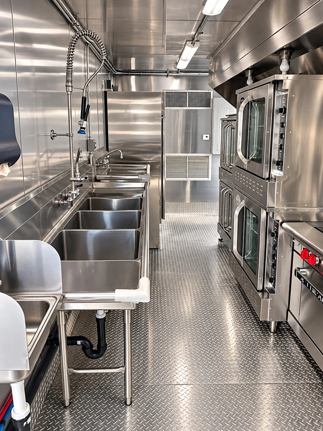 Bulk commercial kitchen interior with wash sinks and convection ovens