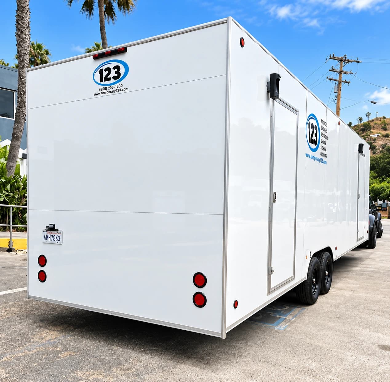 Commercial conveyor dishwashing trailer viewed from the side