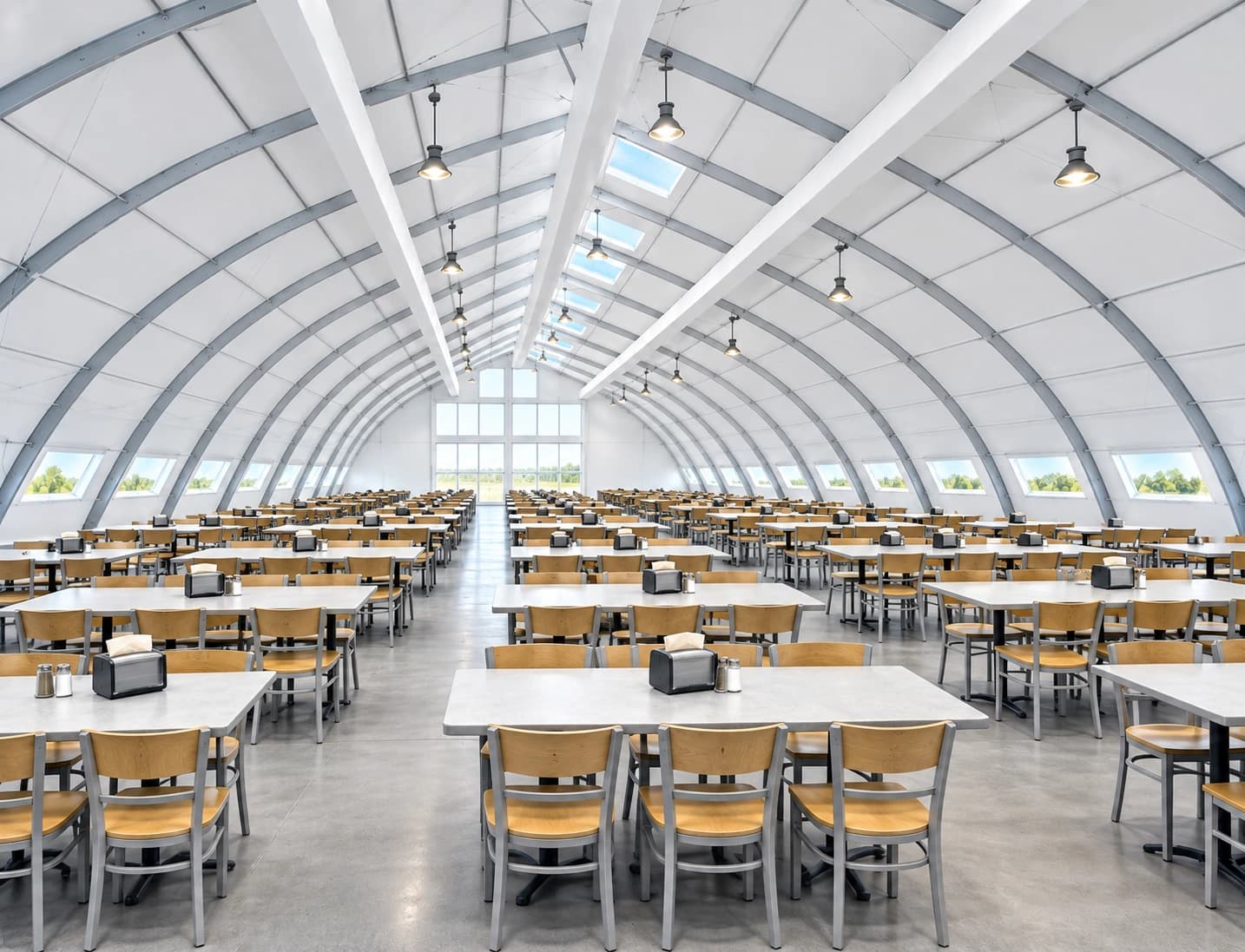 Temporary dining hall with tables and chairs
