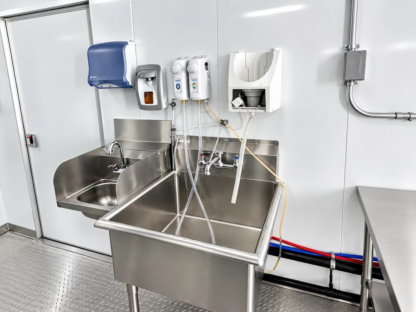 Low-temperature dish trailer interior with a commercial wash station