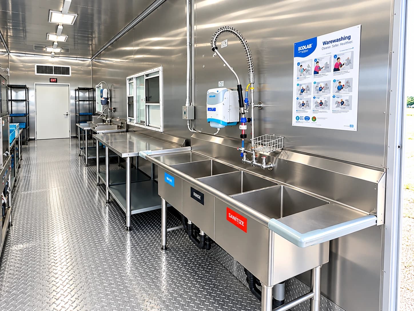 Mobile dishwashing trailer dishwasher work area