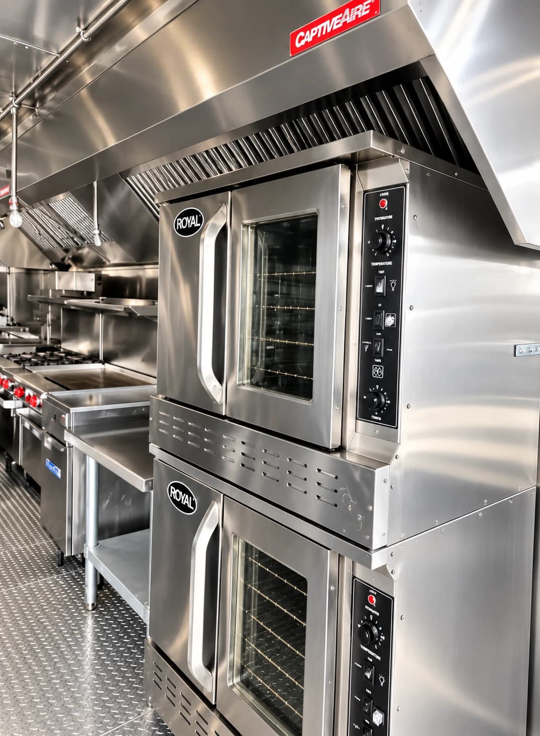 Mobile kitchen trailer stacked commercial convection ovens