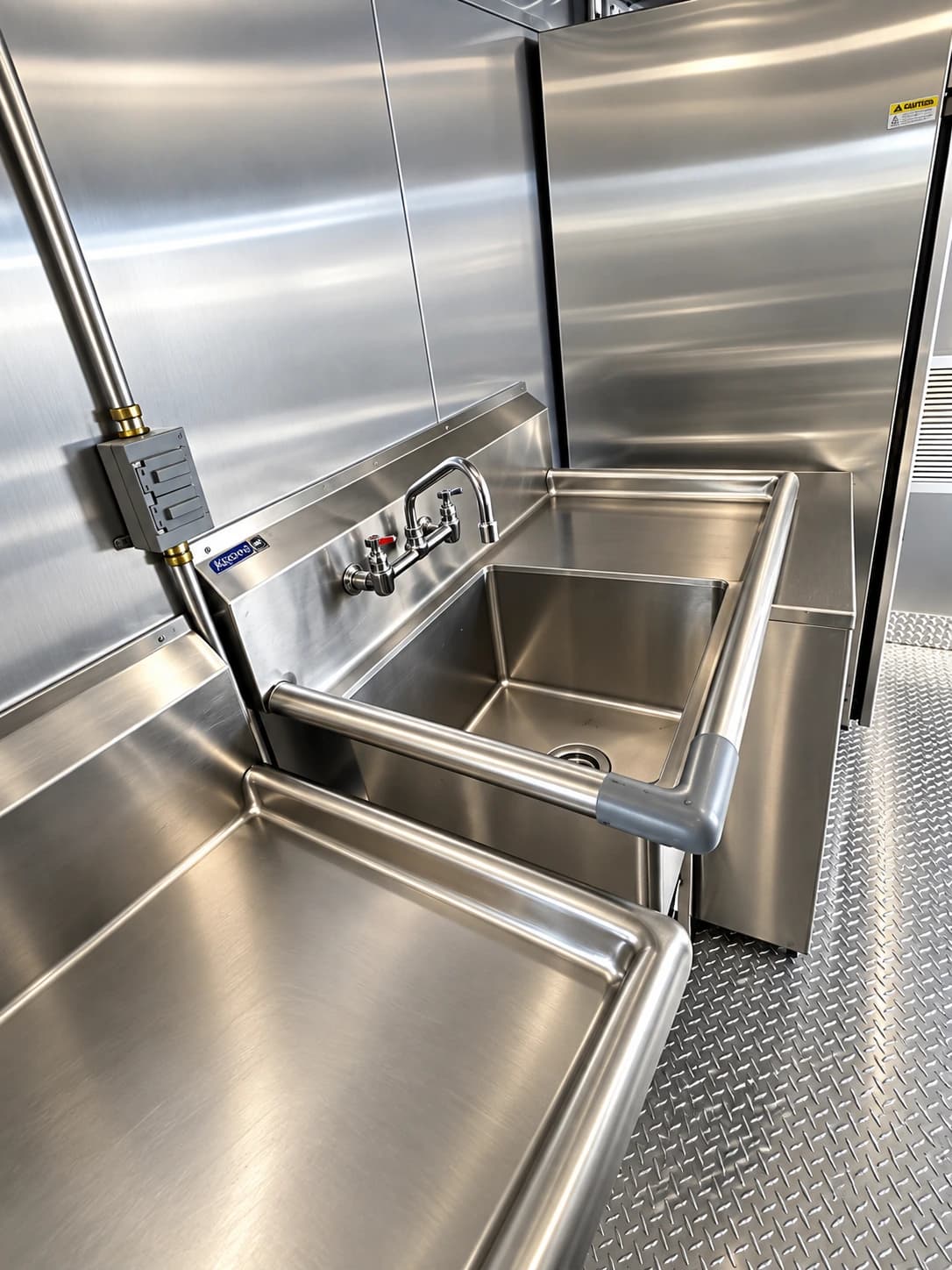 Stainless steel pot-washing sink in a mobile kitchen