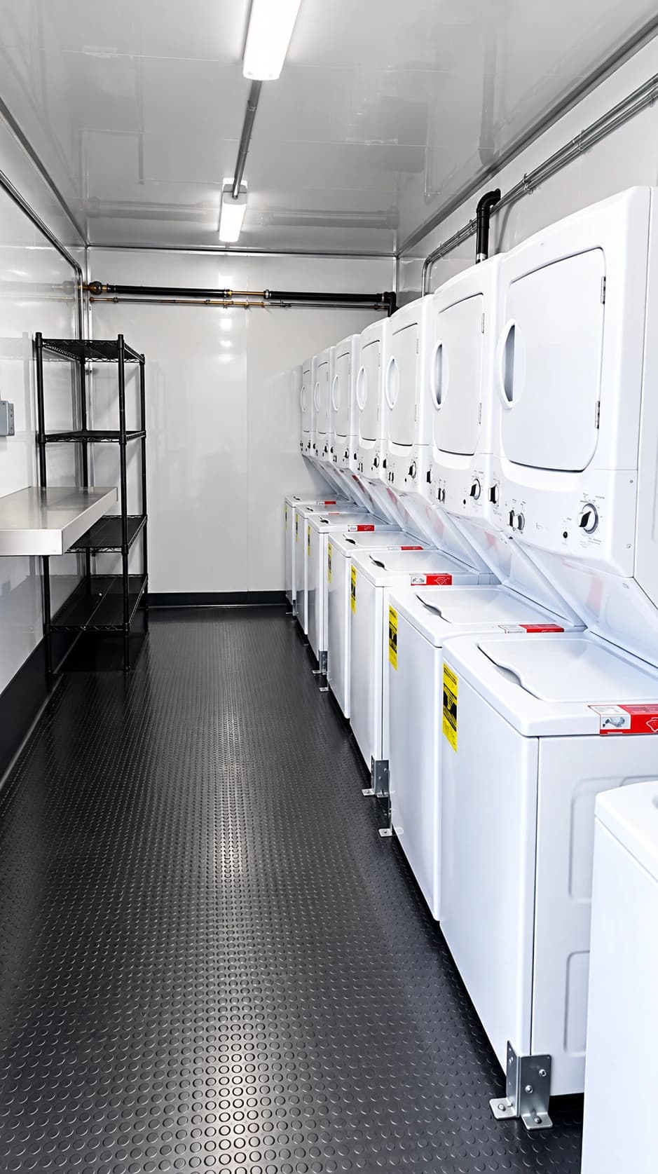 Mobile laundry trailer washer dryer interior