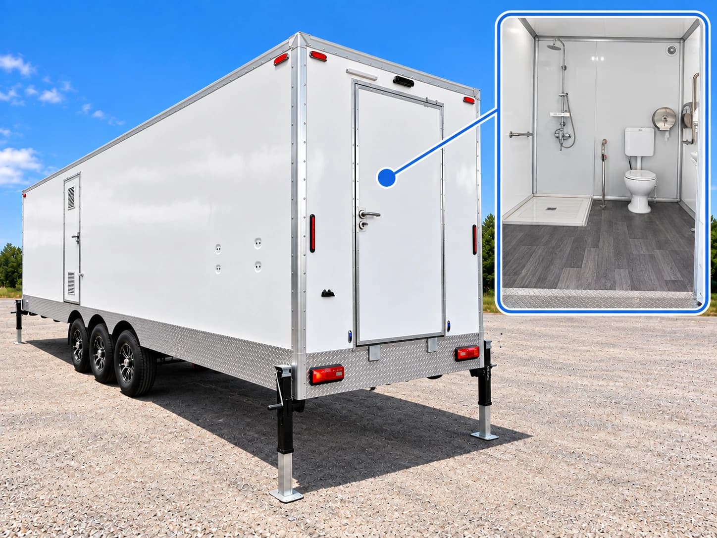Portable shower unit exterior with separate entry doors