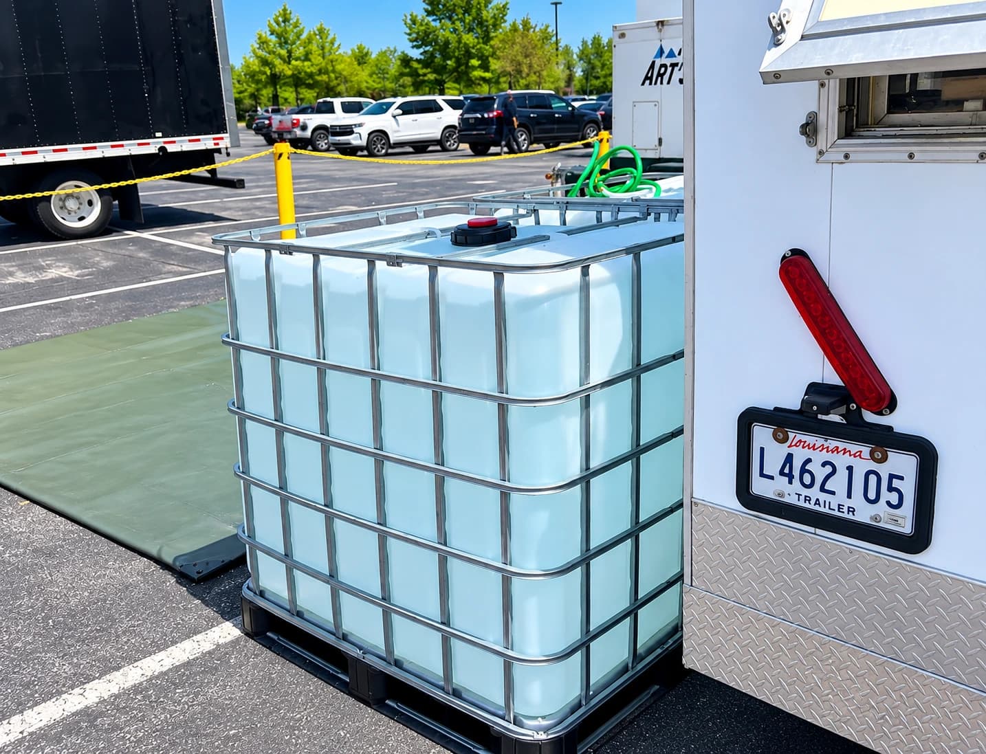 Mobile water storage tank trailer setup