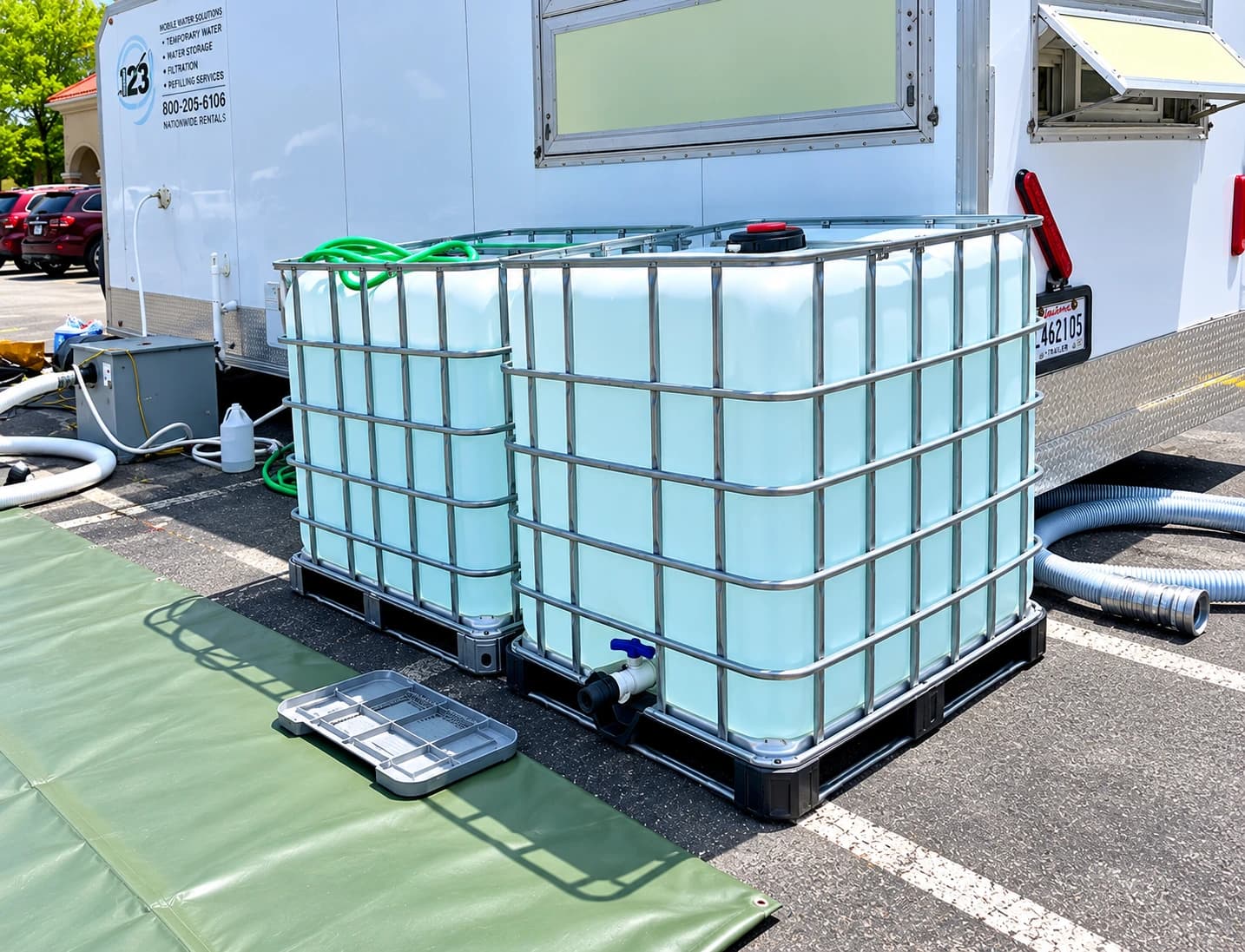 Water storage tanks beside a temporary facility