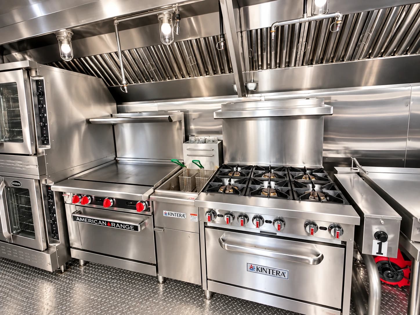 Bulk kitchen trailer with range, griddle and fryer cooking line