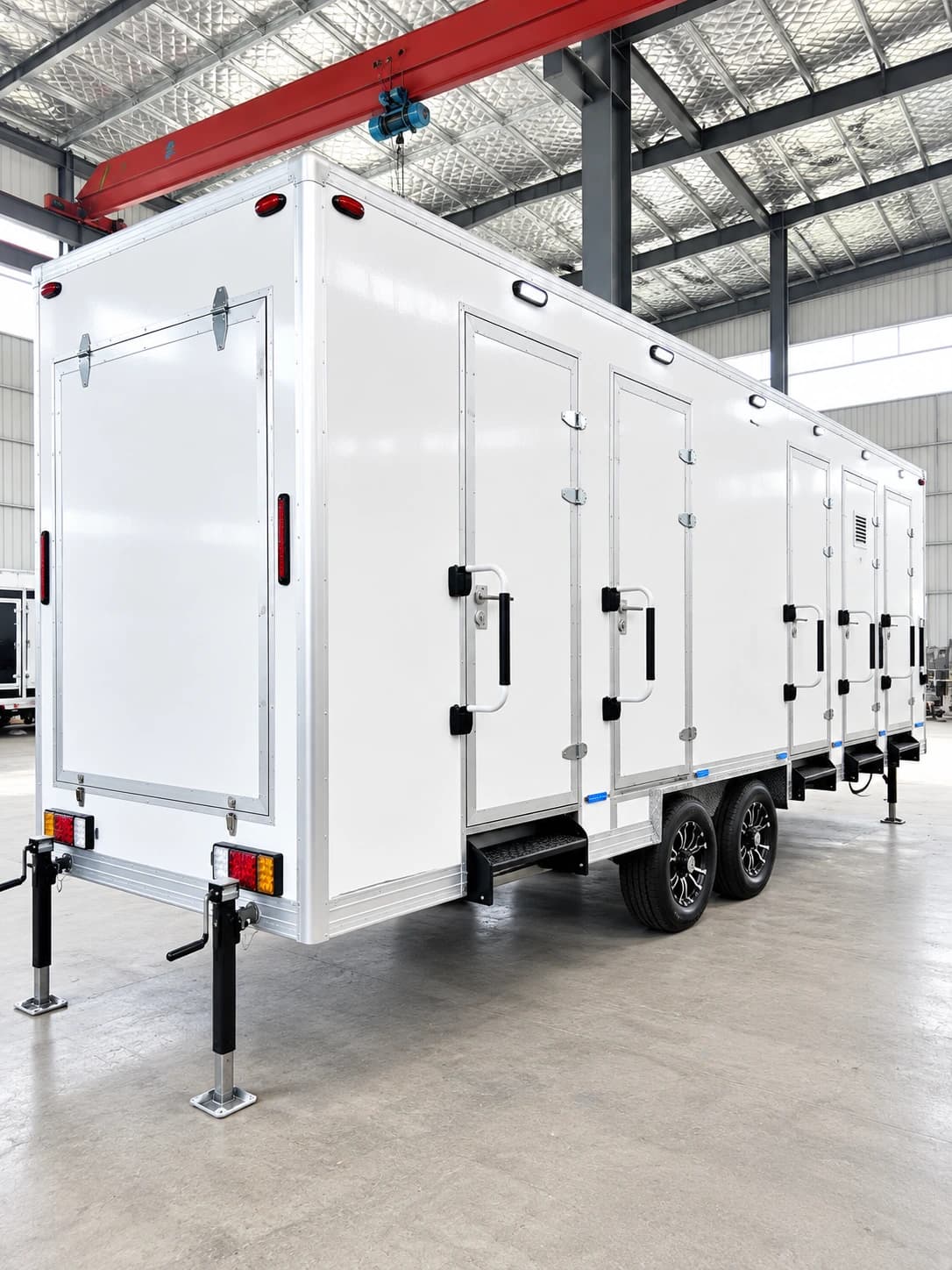 Standalone shower trailer with a private shower stall entrance