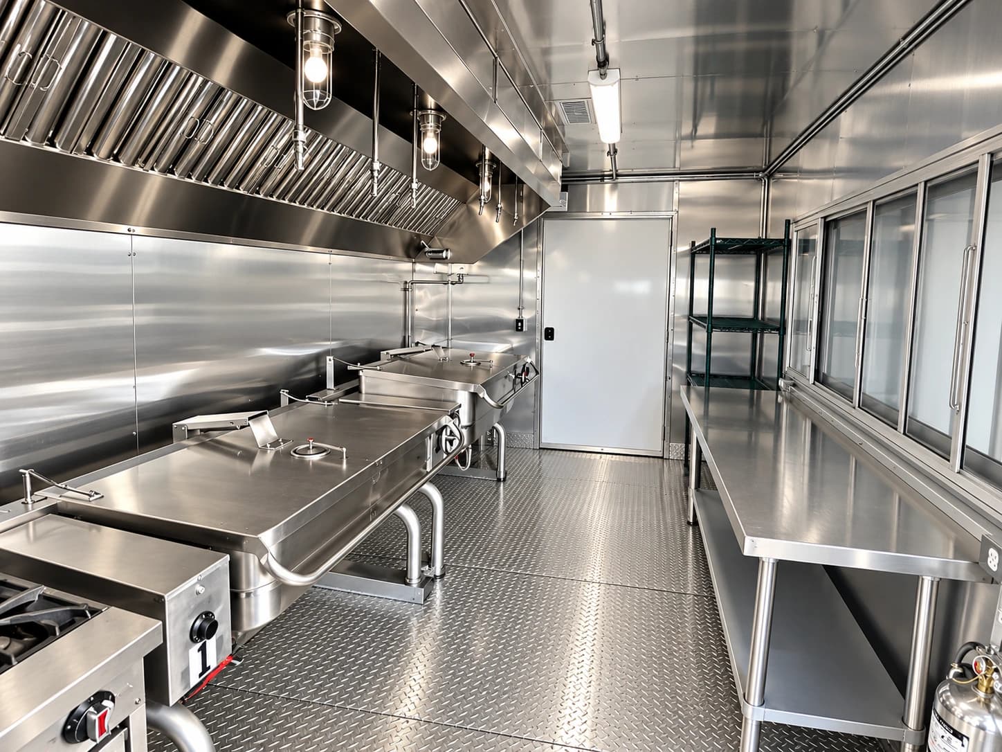 Temporary commercial kitchen trailer tilting skillets prep area