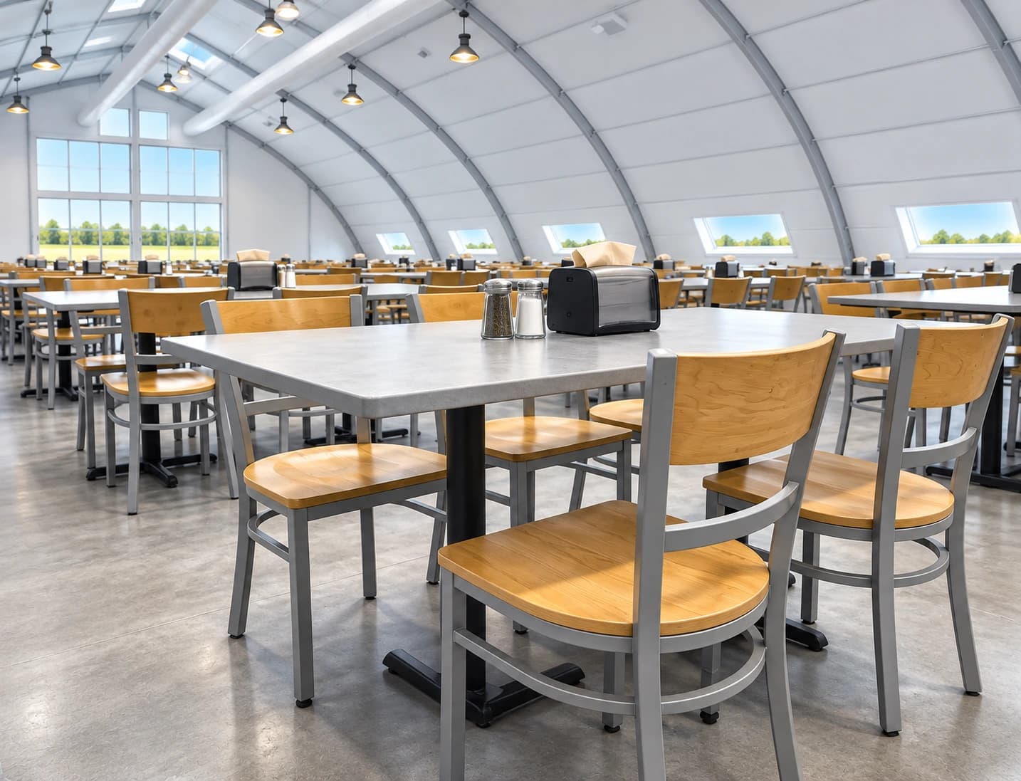 Temporary dining space with tables and chairs under an arched structure
