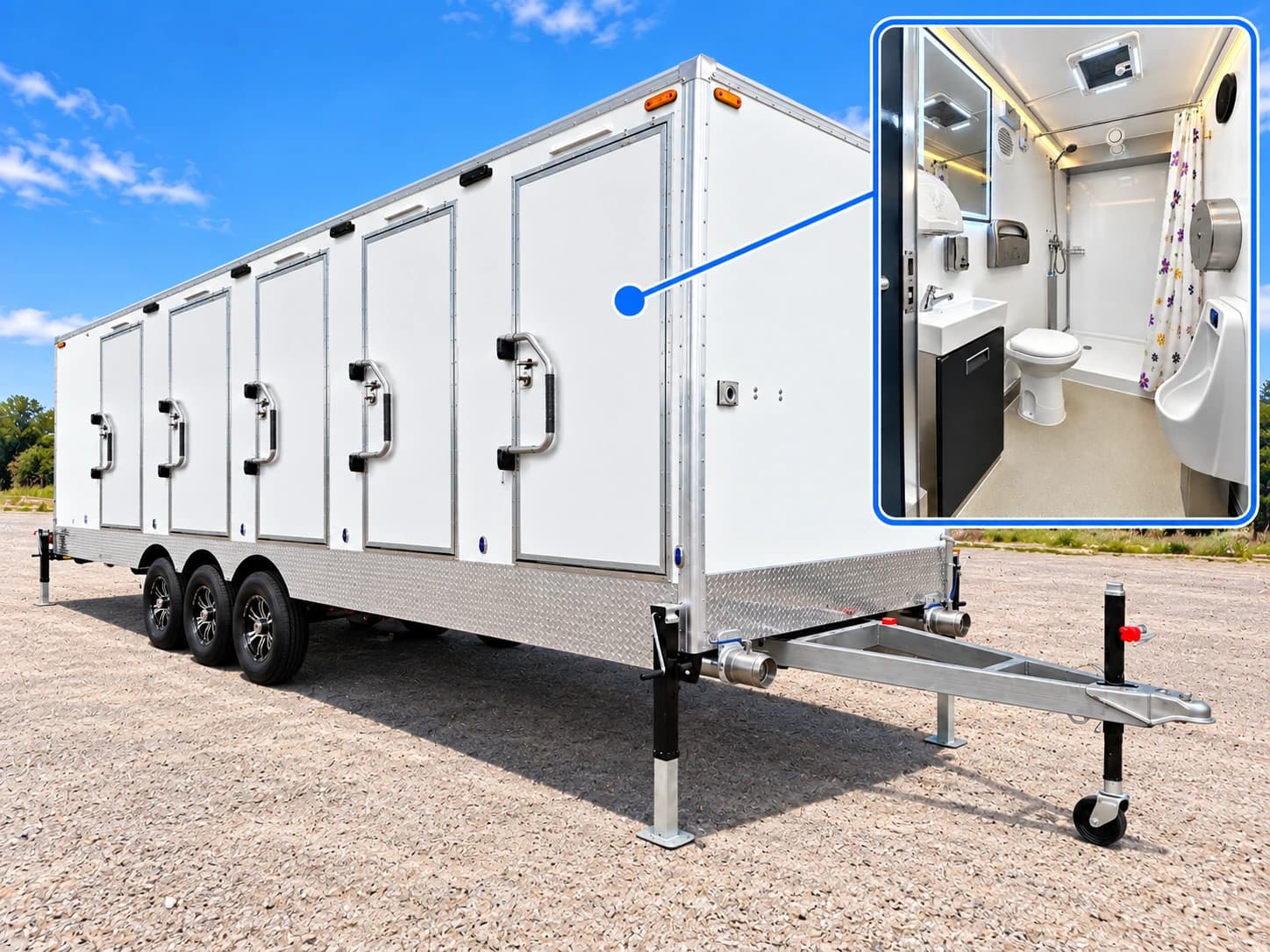 Temporary shower restroom trailer exterior doors