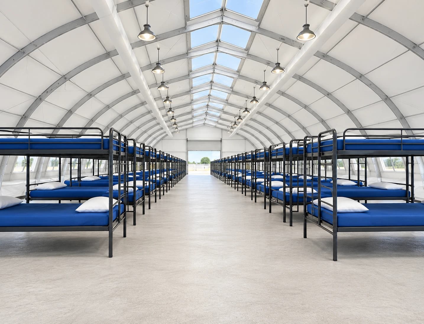 Temporary sleeping space with rows of bunk beds